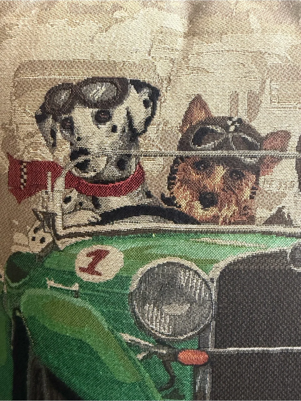 Vintage Hines of Oxford racing dogs in green car Tapestry cushion